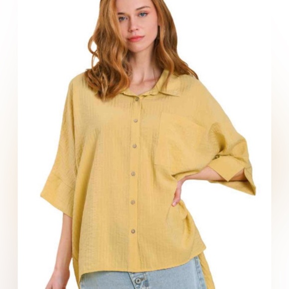 Umgee Pleated Batwing Short Sleeve Button Up Top , Mustard - Picture 2 of 6